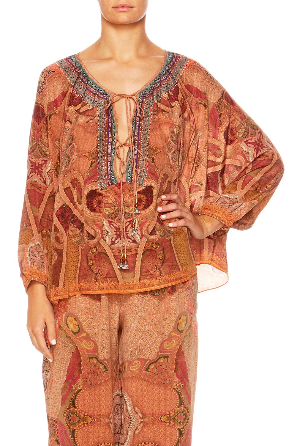 FAMILY GATHERING TIE FRONT HIGH LOW HEM BLOUSE