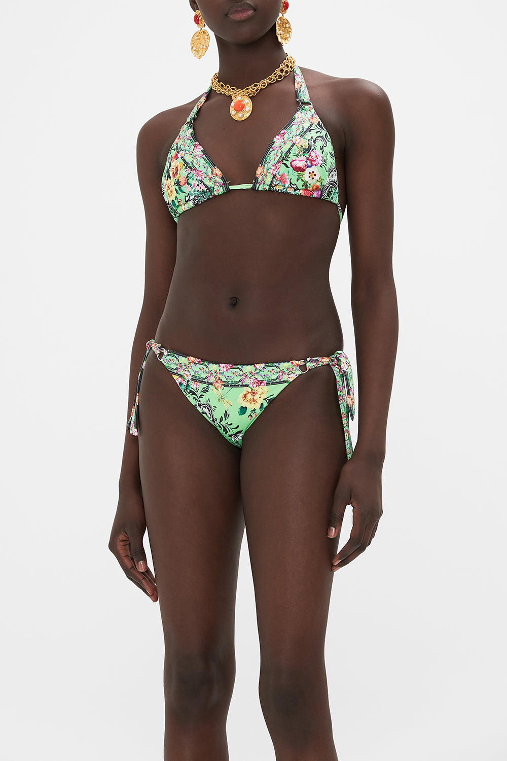 Crop view of model wearing CAMILLA resort wear womens bikini in Porcelain Dream print