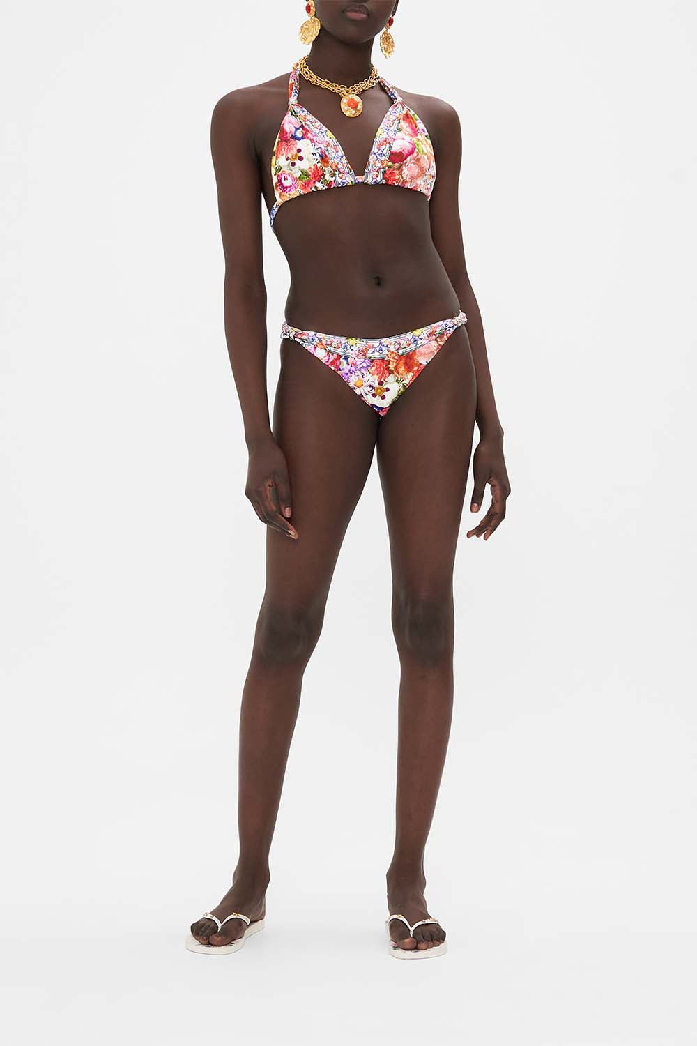 Front view of model wearing CAMILLA resort wear womens bikini in Dutch Is Life print