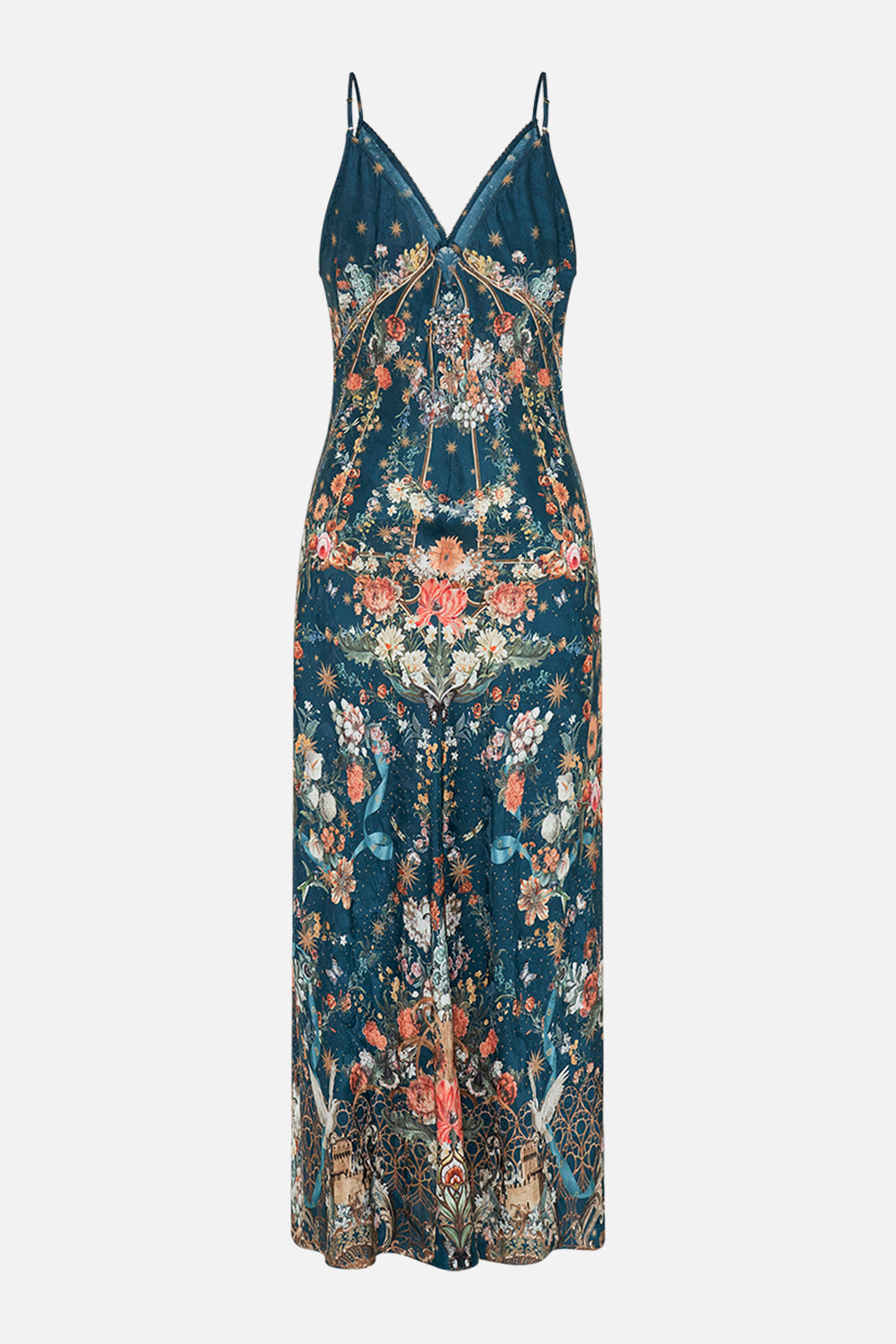 CAMILLA silk slip dress in She Who Wears The Crown print