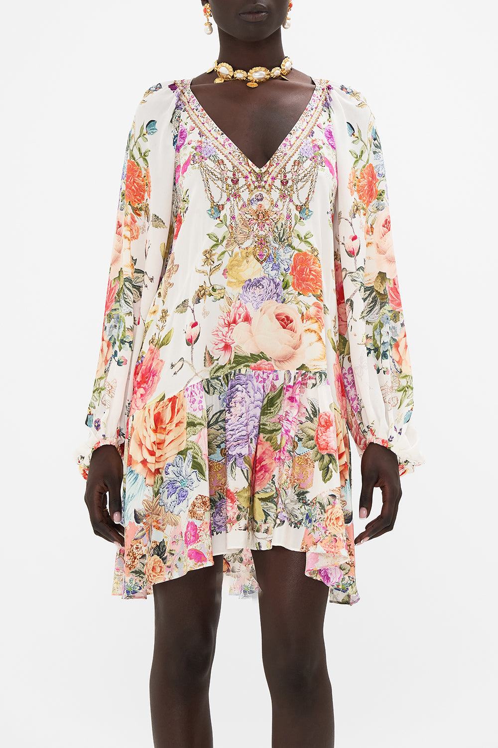 CAMILLA Floral V-Neck Dress with Blouson Sleeve in Sew Yesterday