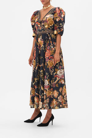 PUFF SLEEVE LONG DRESS WITH HARDWARE STITCHED IN TIME
