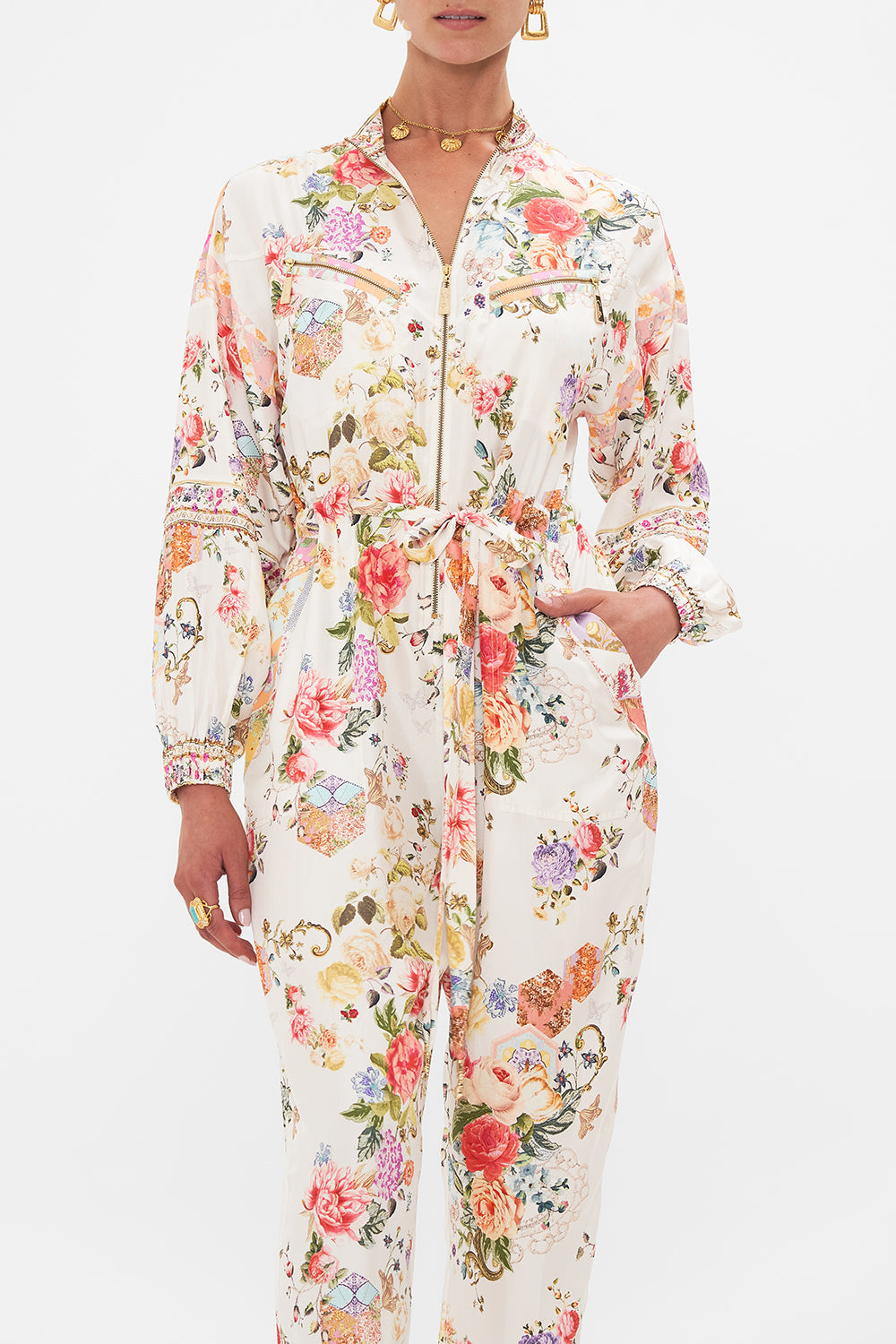 CAMILLA floral layered long sarong with front tie in Stitched in Time print.