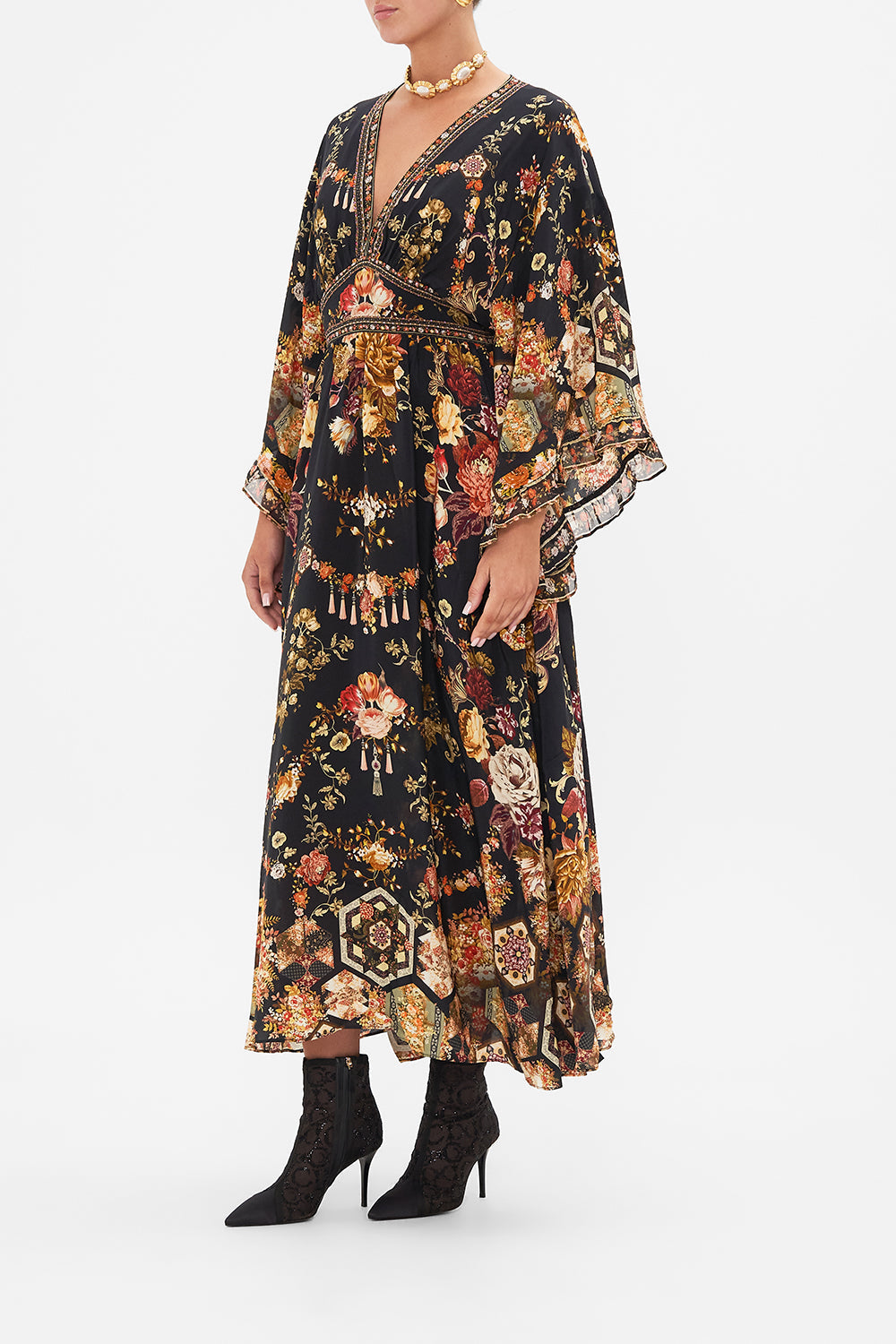 CAMILLA floral waisted dress with kimono sleeve in Stitched In Time print.
