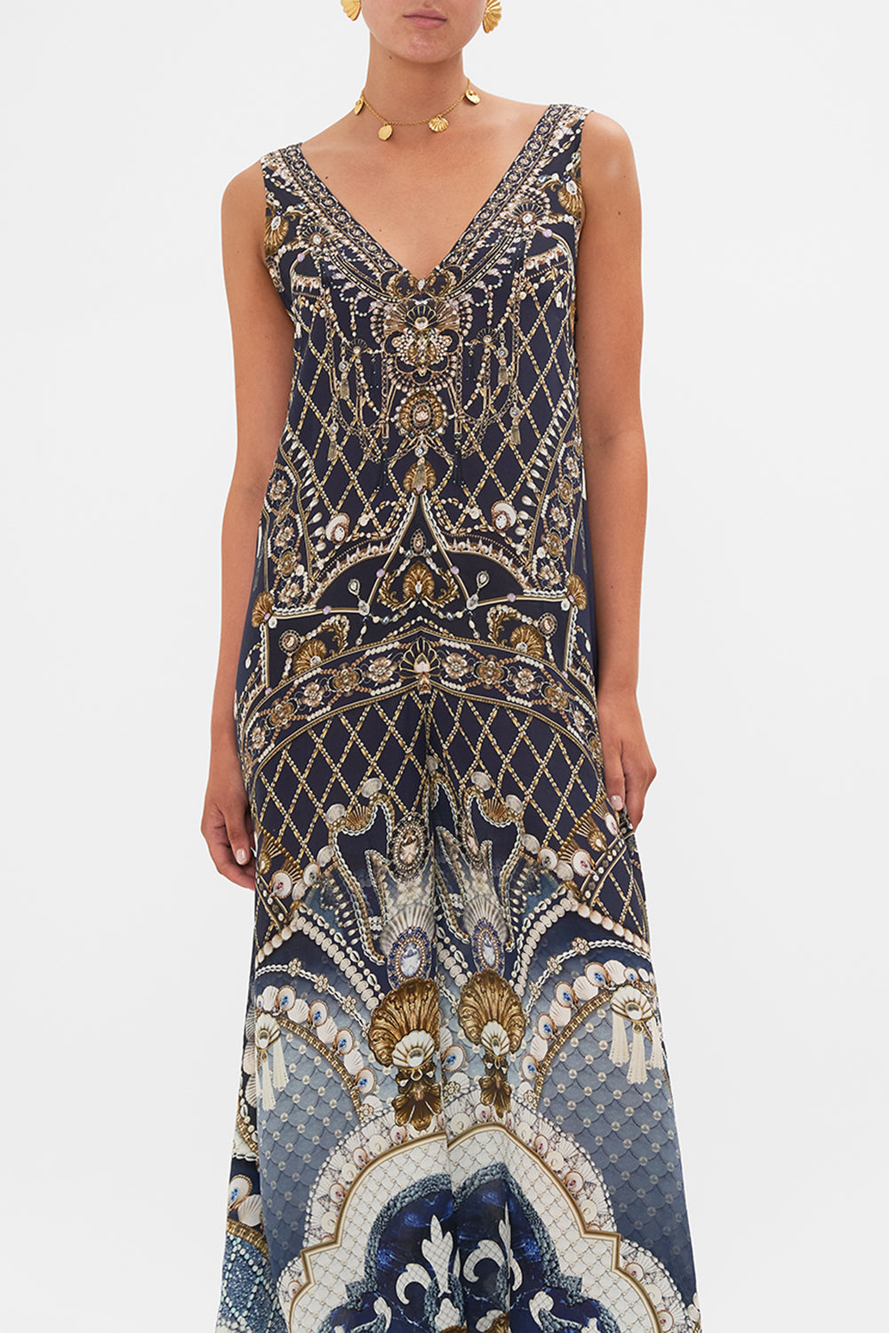 CAMILLA Gold V-Neck Flared Jumpsuit in Dance with the Duke print