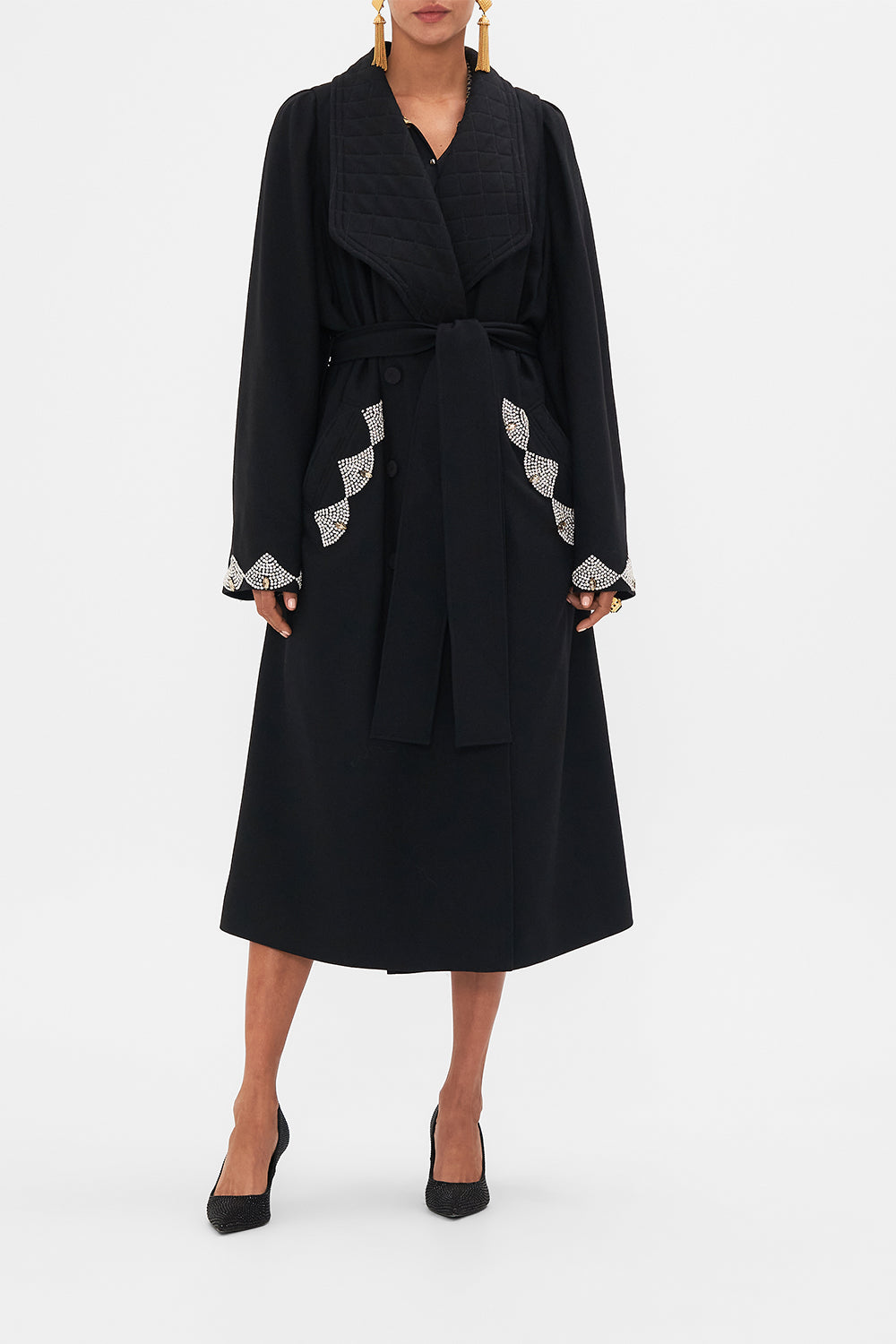 CAMILLA Black Quilted Collar Wool Coat with Vest Detail in Magic in the Manuscripts print