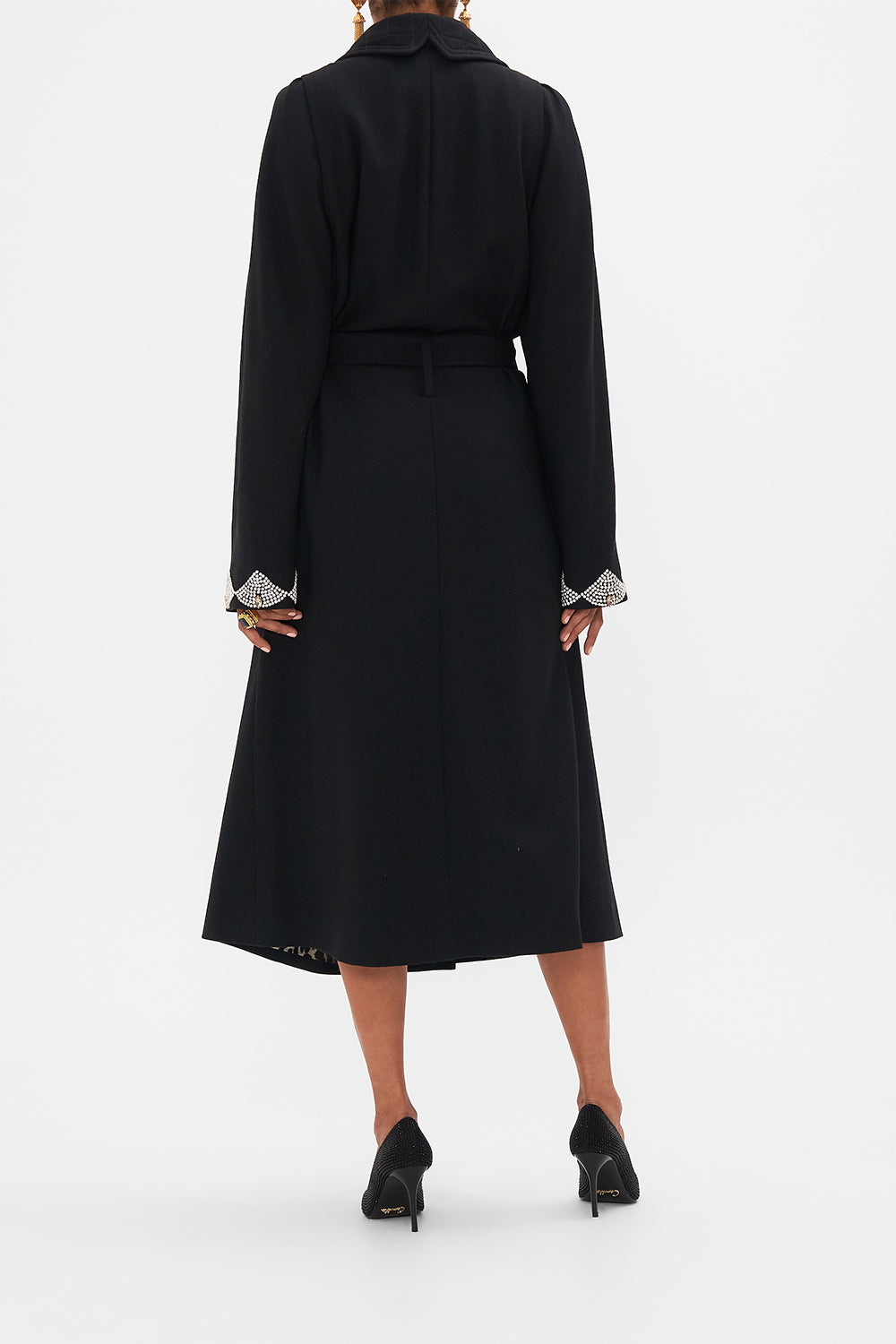 CAMILLA Black Quilted Collar Wool Coat with Vest Detail in Magic in the Manuscripts print