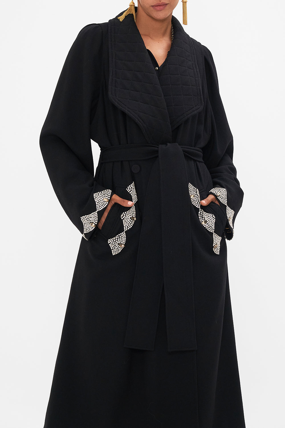 CAMILLA Black Quilted Collar Wool Coat with Vest Detail in Magic in the Manuscripts print