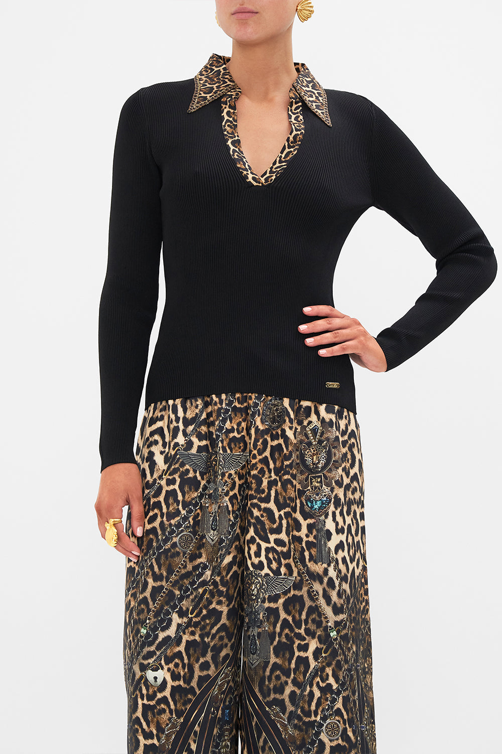 CAMILLA Black Fitted Knit Top with Silk Collar in Amsterglam print