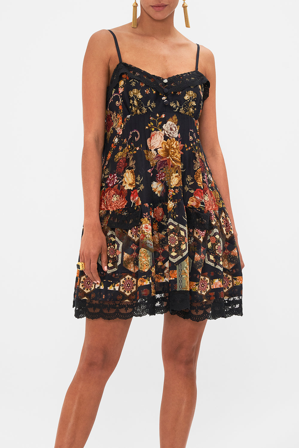 CAMILLA Floral Short Pintuck Dress with Pockets in Stitched in Time print