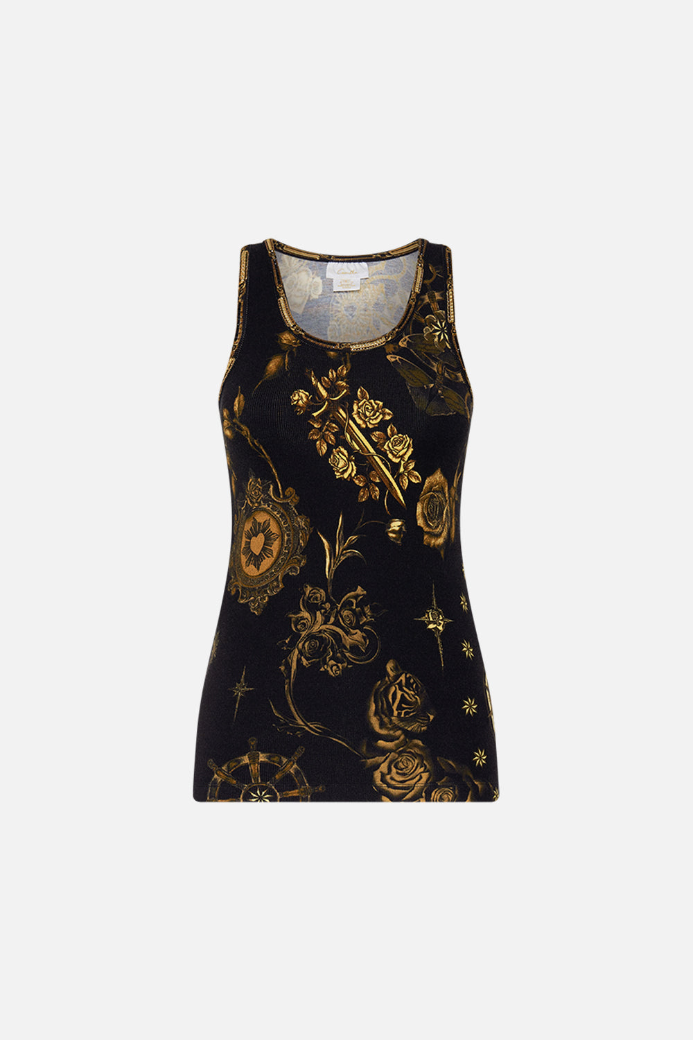 CAMILLA black jersey scoop neck tank top in So Says The Oracle print.
