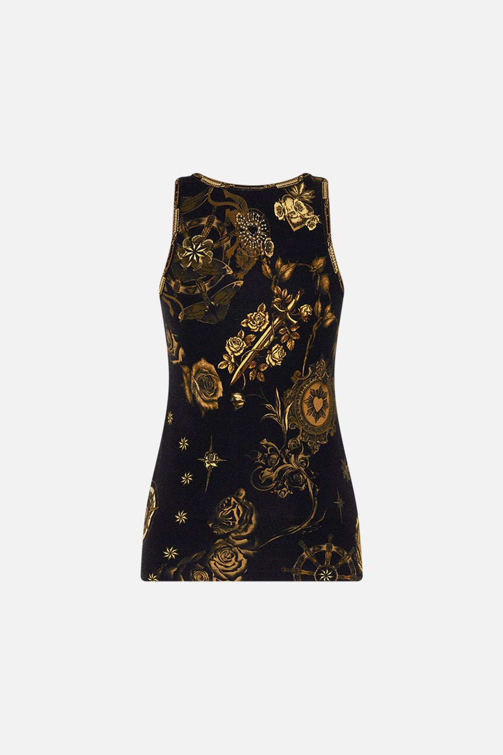 CAMILLA black jersey scoop neck tank top in So Says The Oracle print.