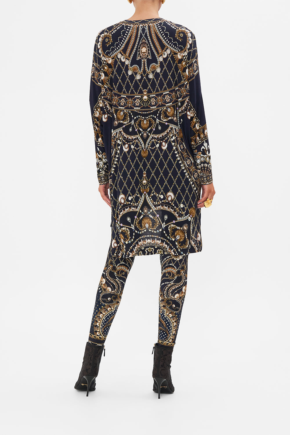 CAMILLA black/gold side split tee in Dance With The Duke print.