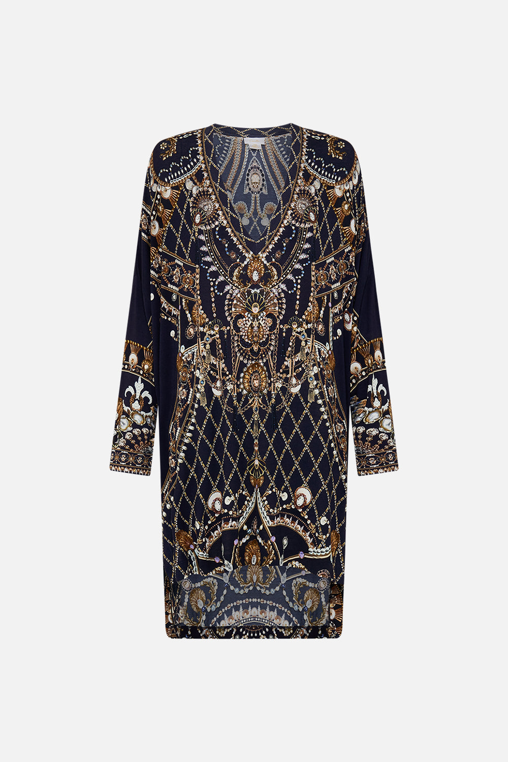 CAMILLA black/gold side split tee in Dance With The Duke print.