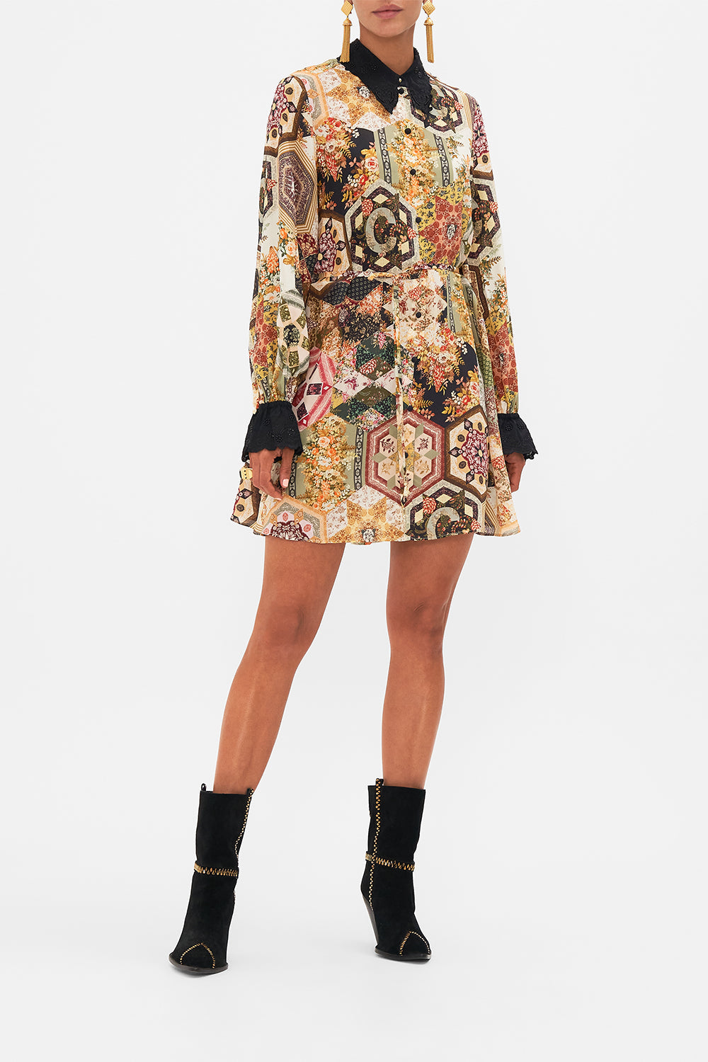 CAMILLA floral shift shirt dress with broderie detail in Stitched in Time print 