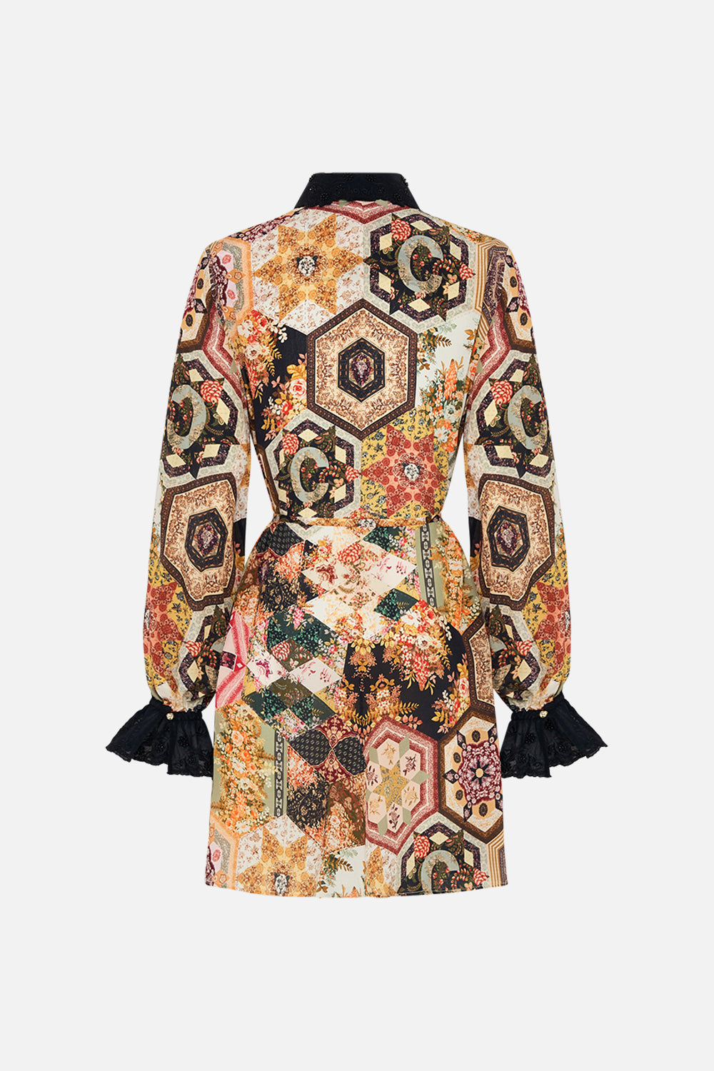 CAMILLA floral shift shirt dress with broderie detail in Stitched in Time print 