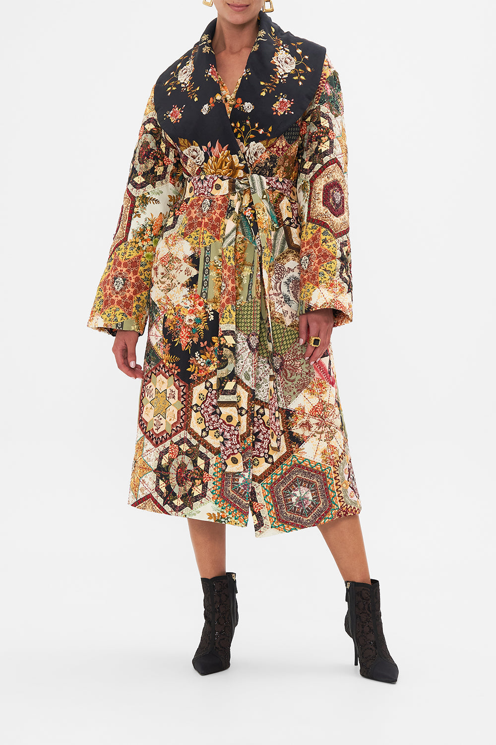 CAMILLA Floral Elastic Sleeve Tie Front Blouse in Stitched in Time print