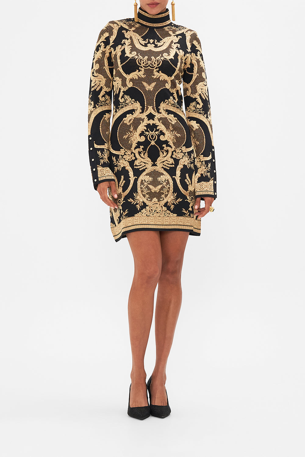 CAMILLA Black Jacquard Turtle Neck Short Knit Dress in Magic in the Manuscripts