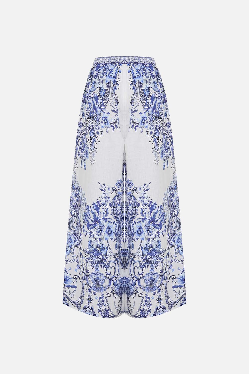 Detail view of model wearing CAMILLA silk trouser in Glaze and Graze print 