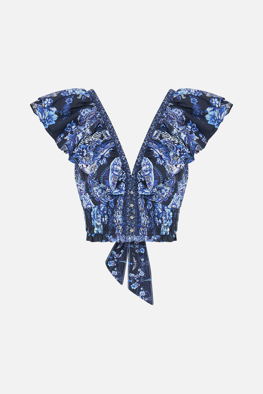 The CAMILLA DEEP V FRILL SHORT SLEEVE TOP DELFT DYNASTY in our  print.