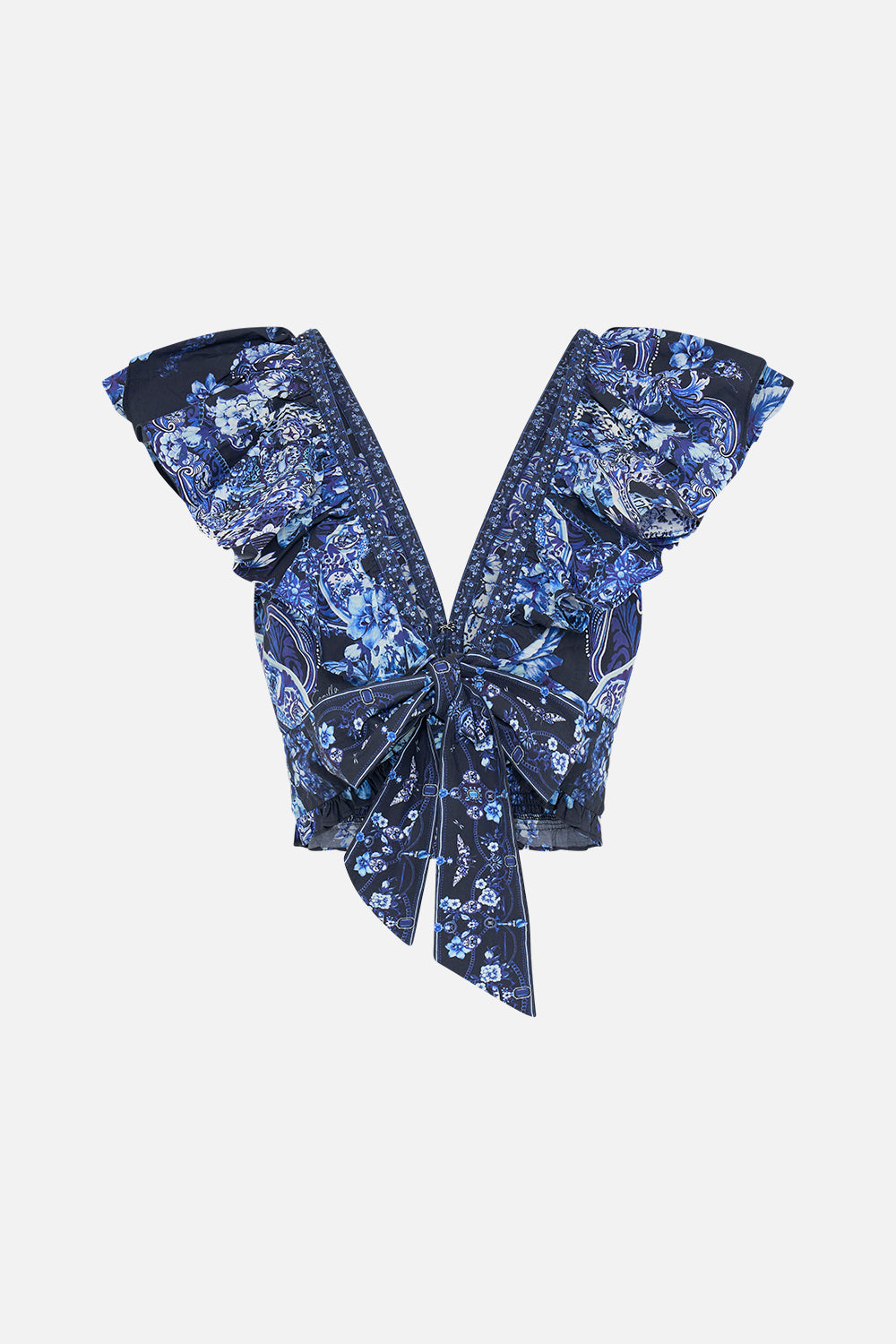 The CAMILLA DEEP V FRILL SHORT SLEEVE TOP DELFT DYNASTY in our  print.