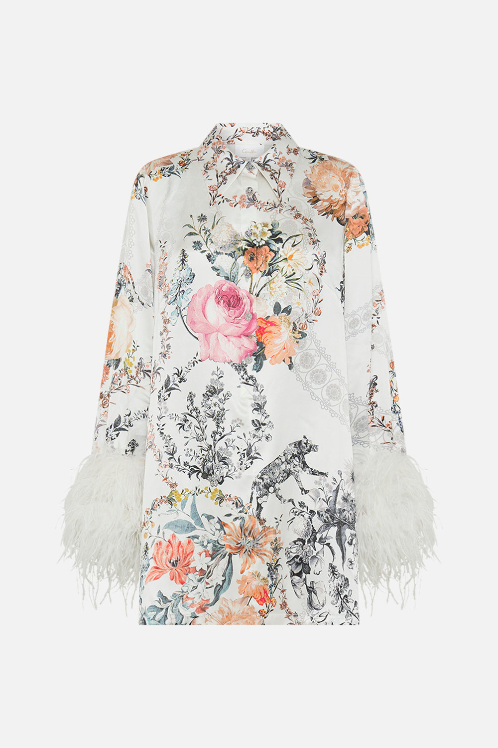 CAMILLA  white mini dress with feathers in De Haar Memoirs print