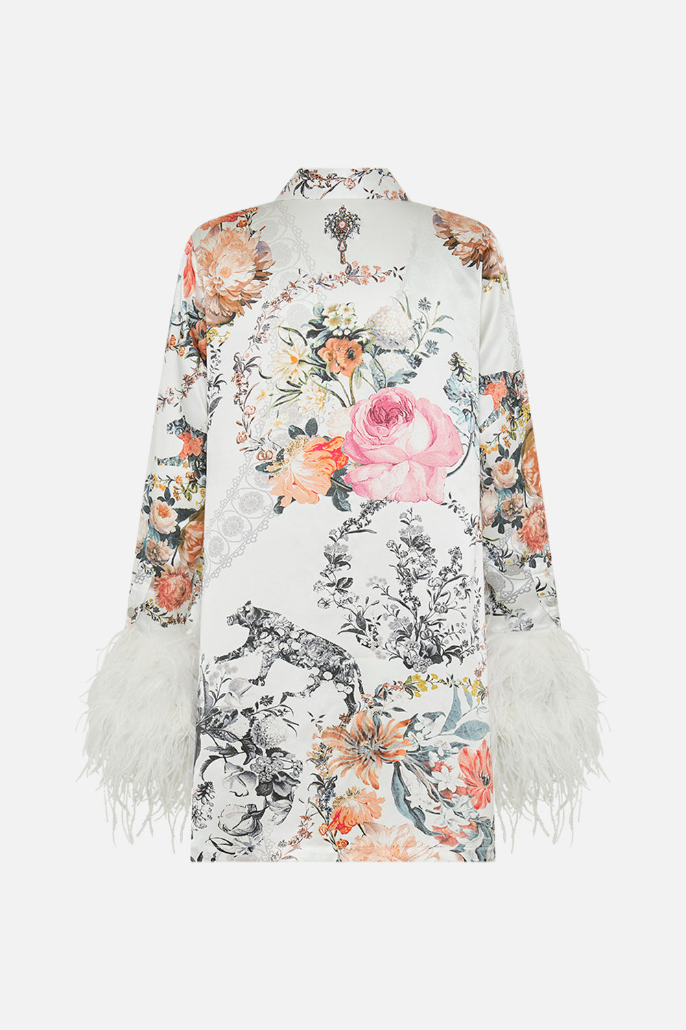 CAMILLA  white mini dress with feathers in De Haar Memoirs print