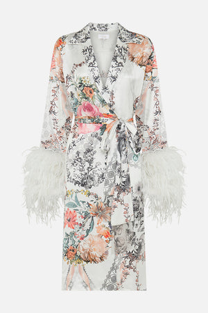 CAMILLA white silk coat with feathers in De Hhaar Memoirs print