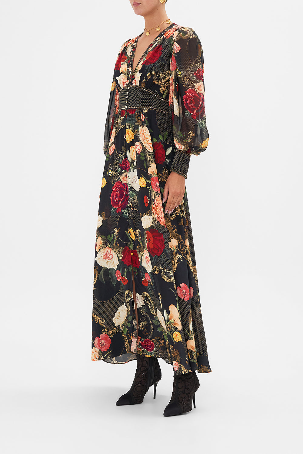 CAMILLA Black Shaped Waistband Dress with Gathered Sleeves in Magic in the Manuscripts