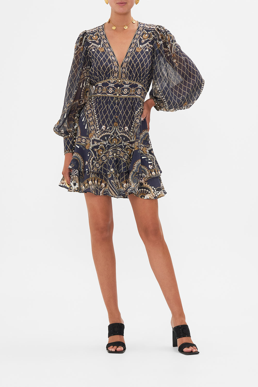 CAMILLA black button frill dress in Dance With The Duke print