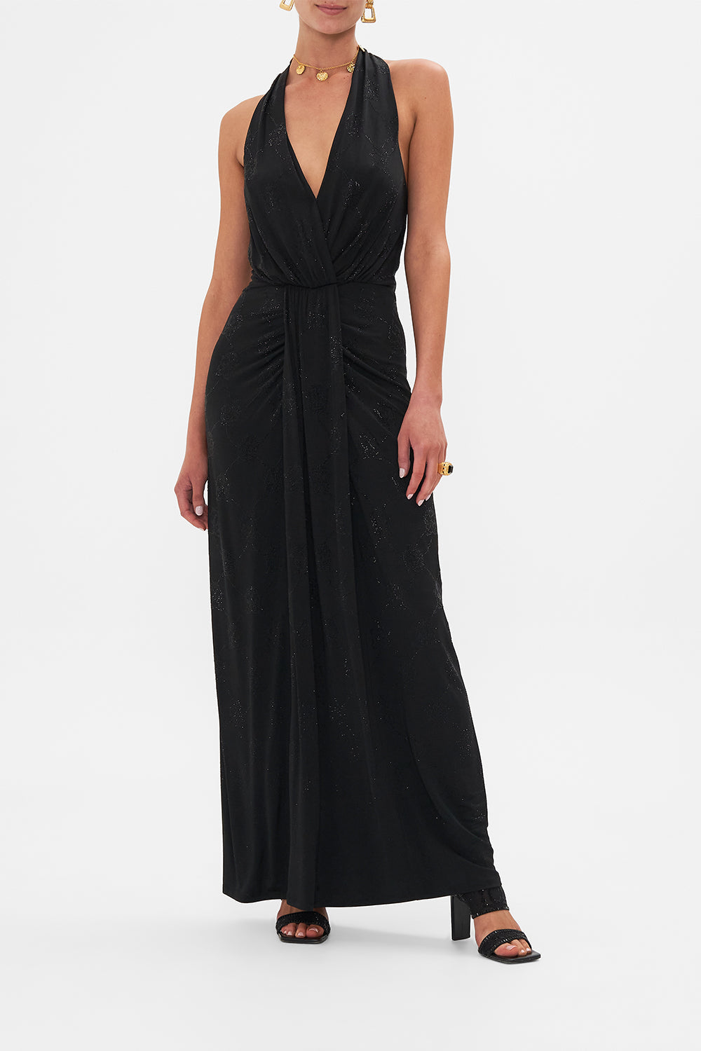 CAMILLA leopard long jersey halter dress in Amsterglam print. 