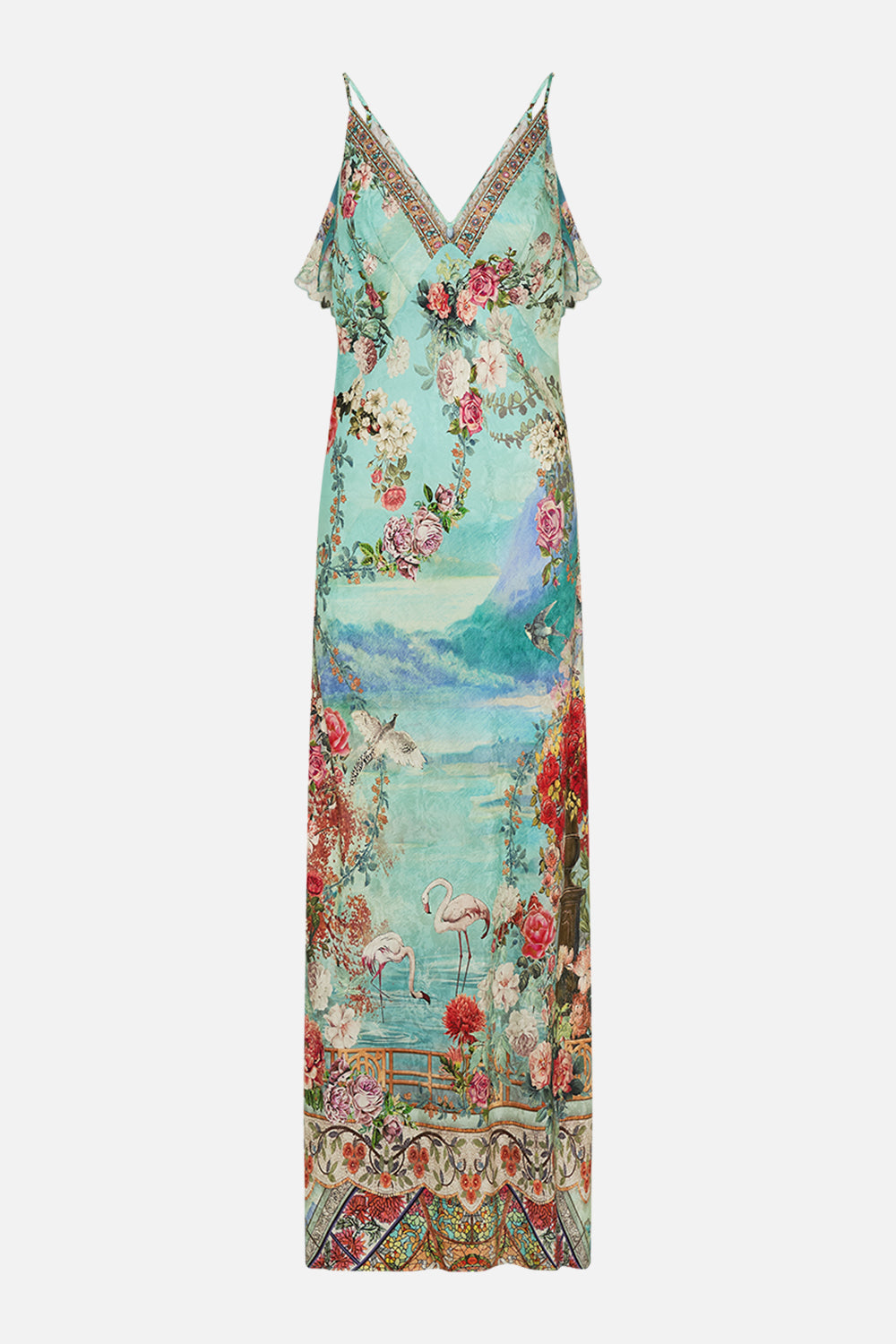 The CAMILLA V NECK BIAS SLIP DRESS WITH BACK FRILL THE JEWELLERY MUSEUM in our  print.