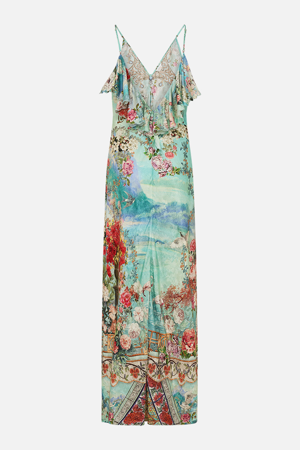 The CAMILLA V NECK BIAS SLIP DRESS WITH BACK FRILL THE JEWELLERY MUSEUM in our  print.