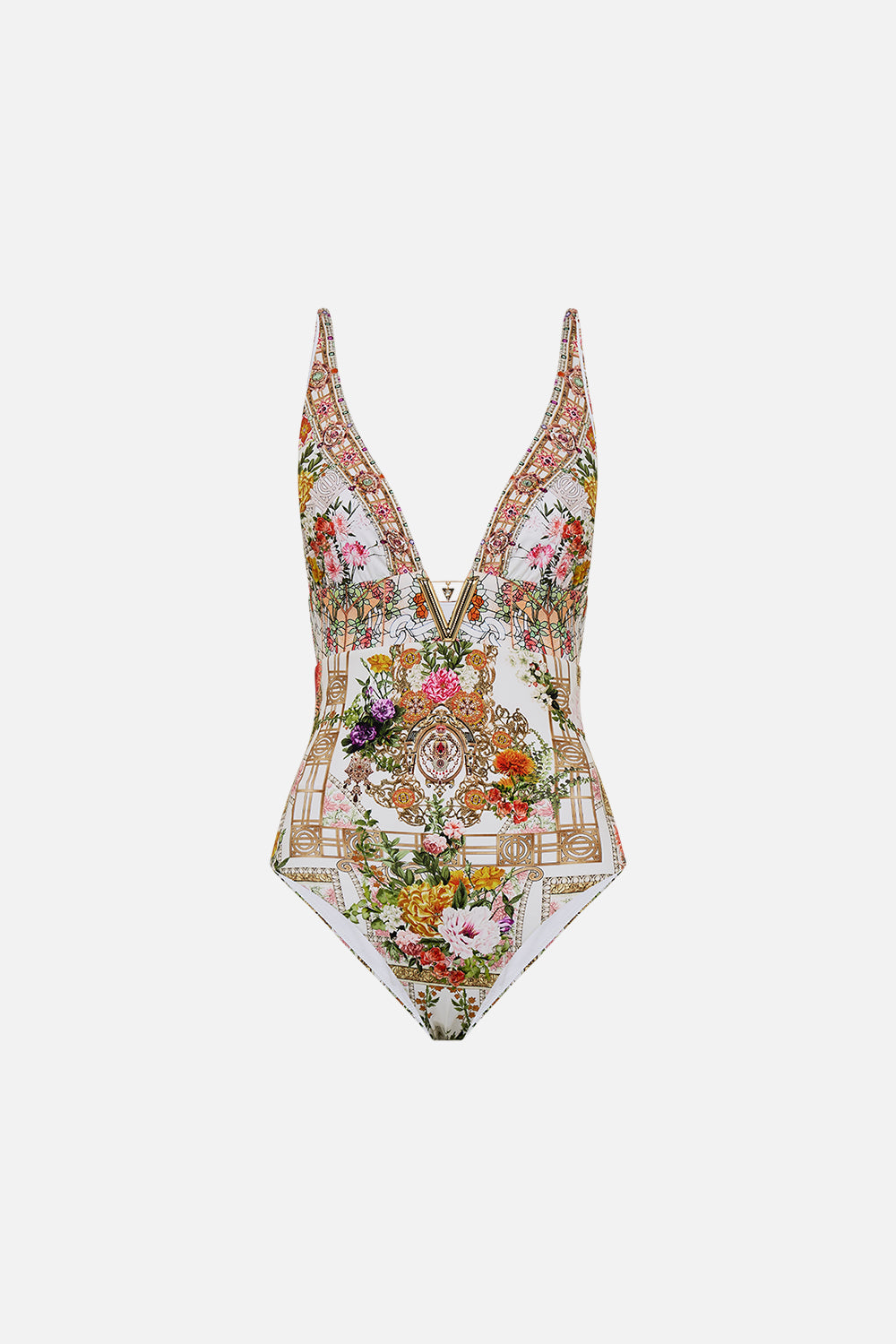 CAMILLA High tri one piece with front trim in Egyptian rose print.