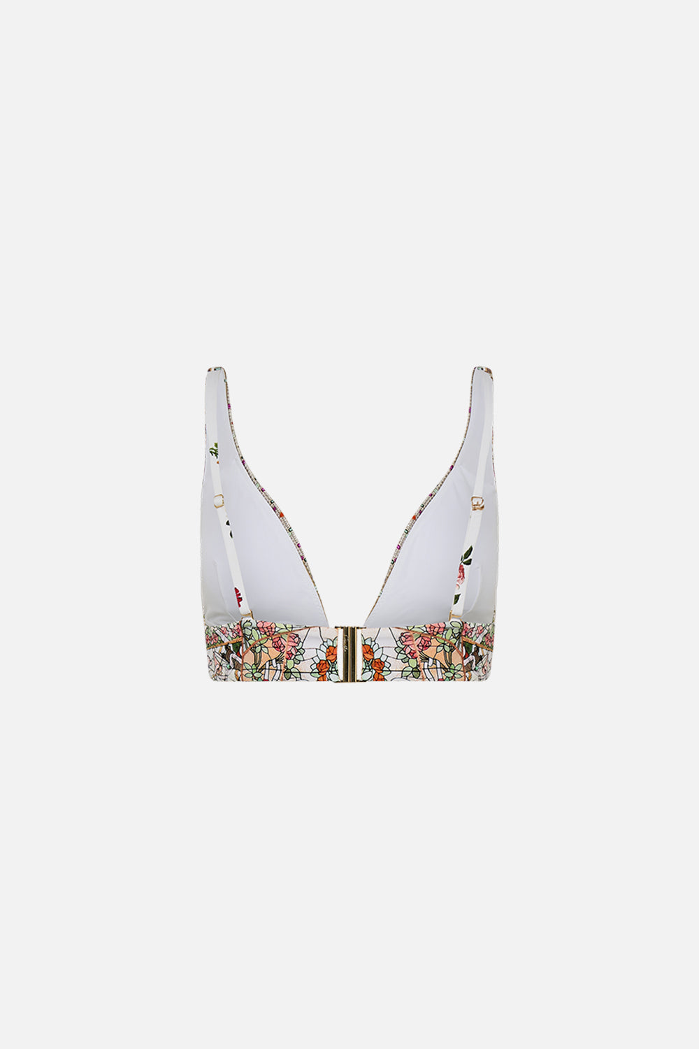 CAMILLA V Neck Hardware Bra in Egyptian Rose print. 