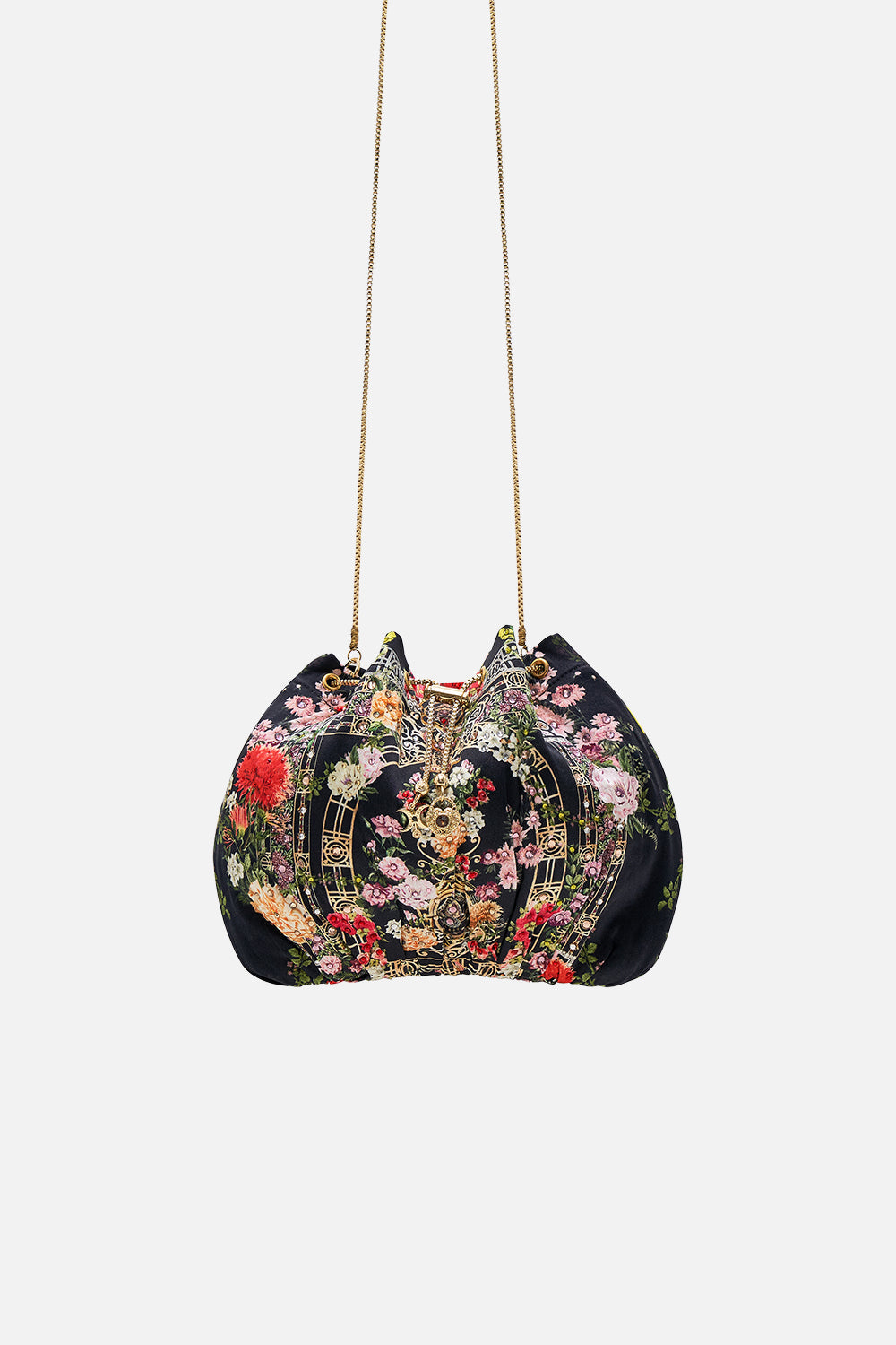 CAMILLA Drawstring pouch with chain strap in Adorned in Alexandria print.