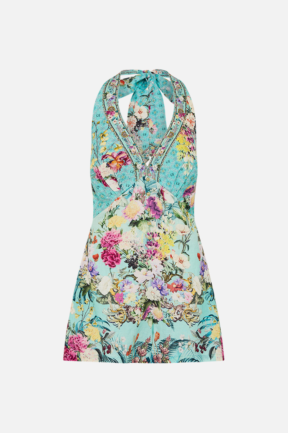 The CAMILLA BUTTON FRONT HALTER PLAYSUIT GARDENS OF QUELUZ in our  print.