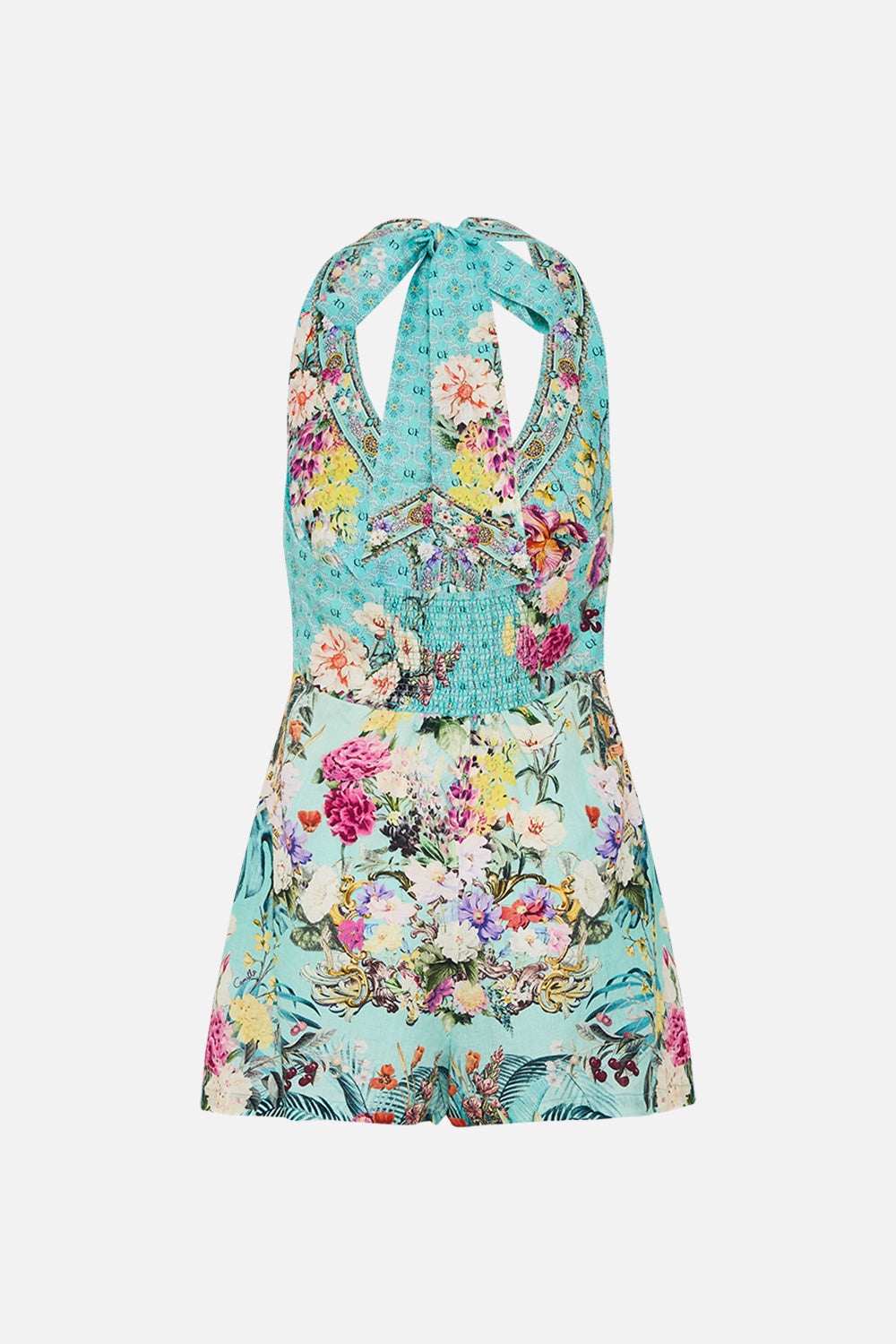The CAMILLA BUTTON FRONT HALTER PLAYSUIT GARDENS OF QUELUZ in our  print.