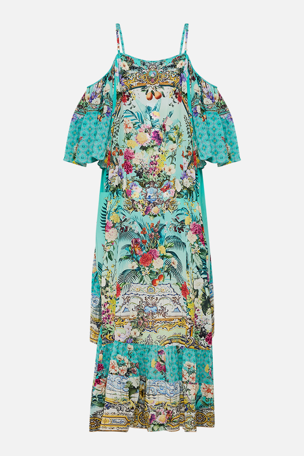 VESTIDO CON HOMBROS DESCUBIERTOS CORTE ALTO-BAJO JARDINES DE QUELUZ