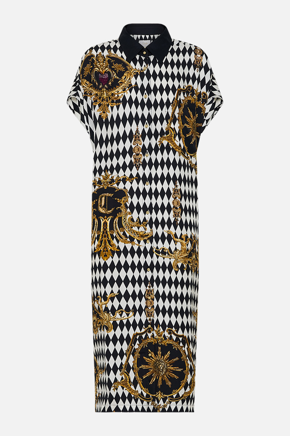 The CAMILLA SLEEVELESS SHIRTDRESS MONARCHY MANIA in our  print.