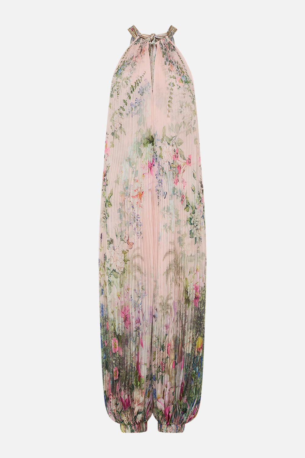 The CAMILLA PLISSE JUMPSUIT WITH NECK TIE PALACIO PLAYGROUND in our  print.