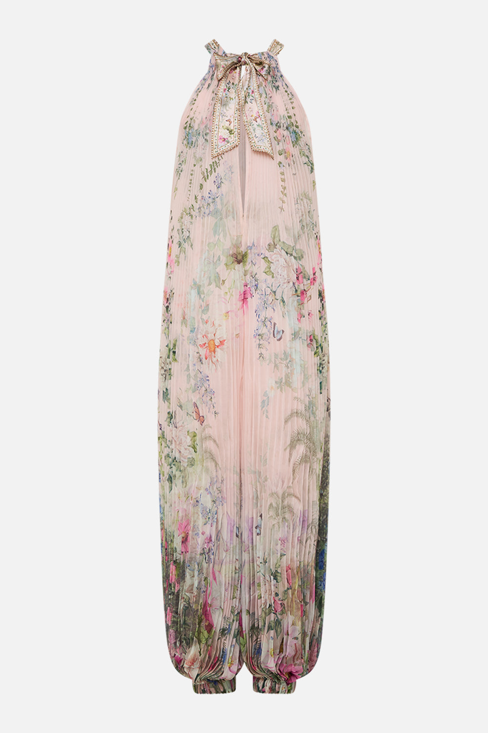 The CAMILLA PLISSE JUMPSUIT WITH NECK TIE PALACIO PLAYGROUND in our  print.