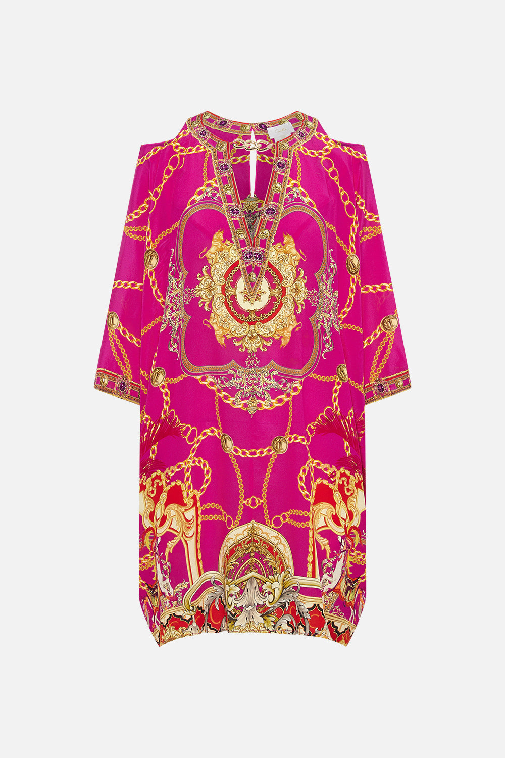 Front product view of CAMILLA pink silk kaftan in Wild And Running print 