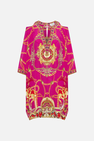 Front product view of CAMILLA pink silk kaftan in Wild And Running print 