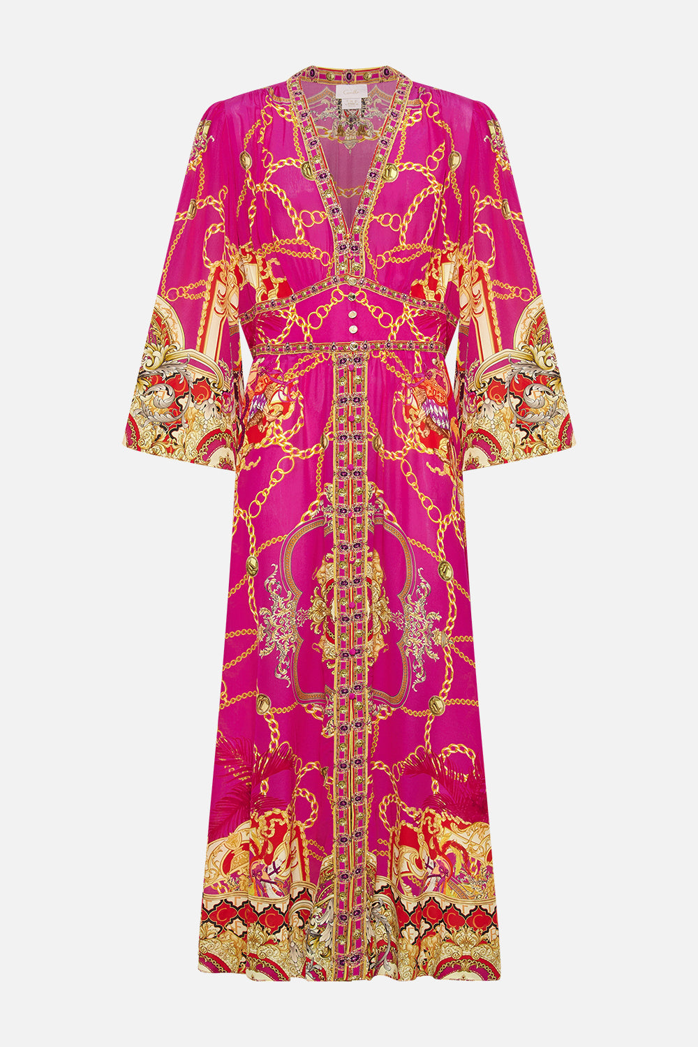 Product view of CAMILLA pink silk maxi dress in Wild And Running  print 