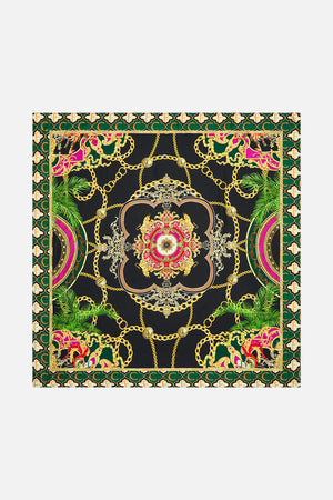 Detail view of CAMILLA silk square scarf in Jealousy And Jewels print