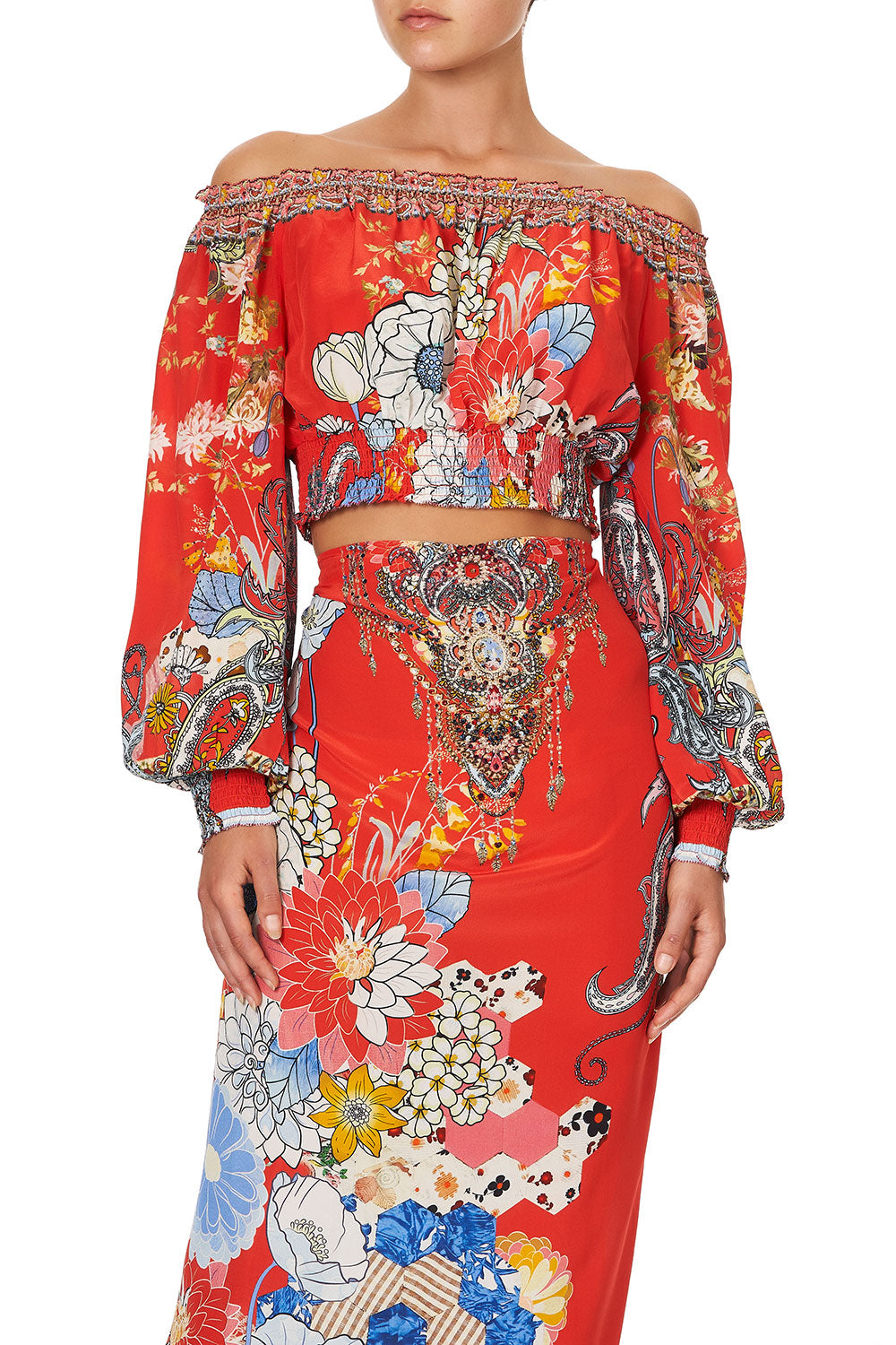 SHIRRED WAIST TOP PAISLEY IN PATCHES