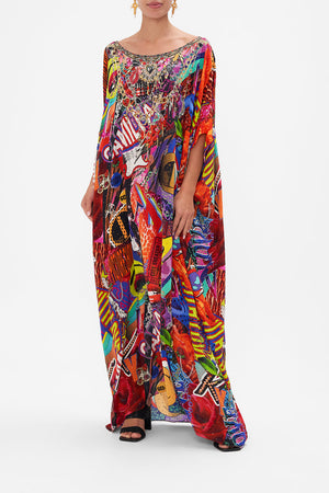 Front view of model wearing CAMILLA silk kaftan in multicoloured Radical Rebirth print