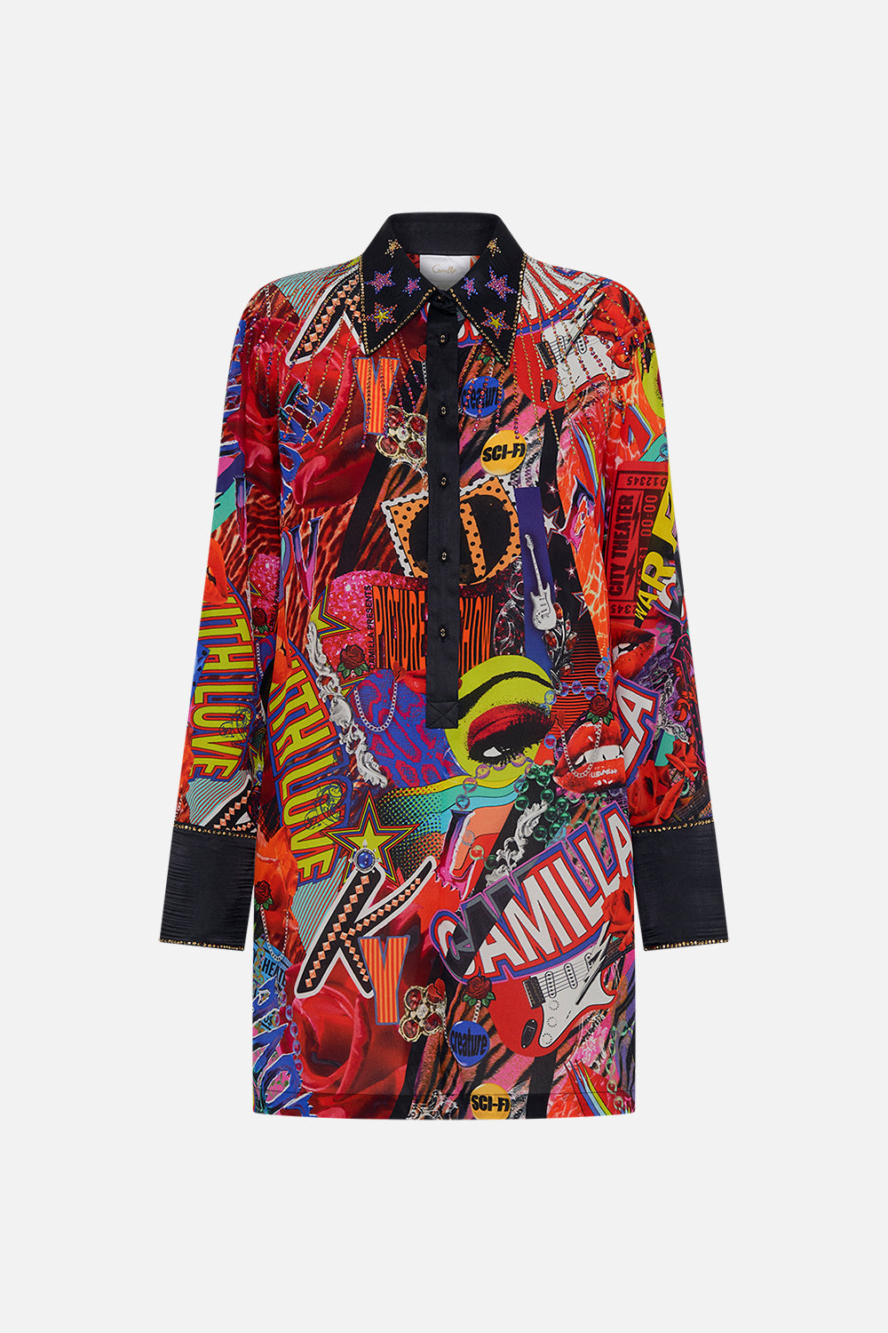 Product view of CAMILLA silk mini shirtdress in multicoloured Radical Rebirth print