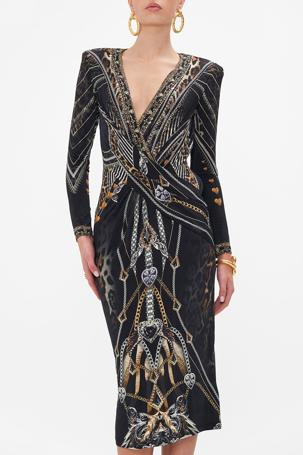 Crop view of model wearing CAMILLA jersey midi dress in Chaos In The Cosmos animal print